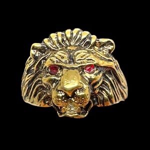 Vintage Unisex Hallmarked Uncas 14KT Gold Electroplate Lion Head & Crystal Ring